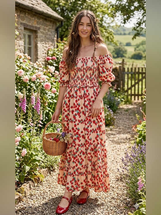 Betsey Johnson Dresses & Skirts - Betsey Johnson Flowy Strawberry & Raspberry Print Smocked Maxi Dress, Size S